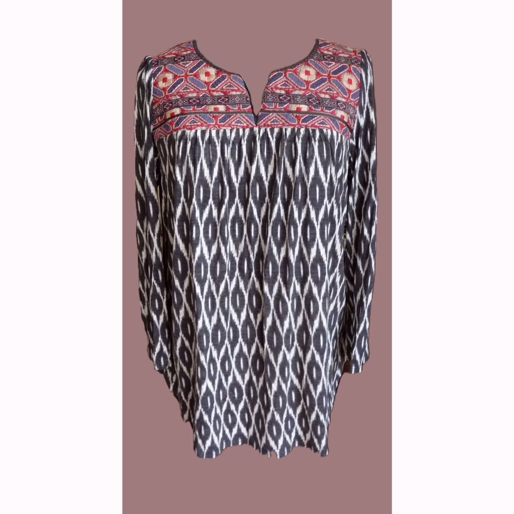 Anthropologie Mixed Fabric Ikat Ethnic Folk Embroidery Peasant Tunic L